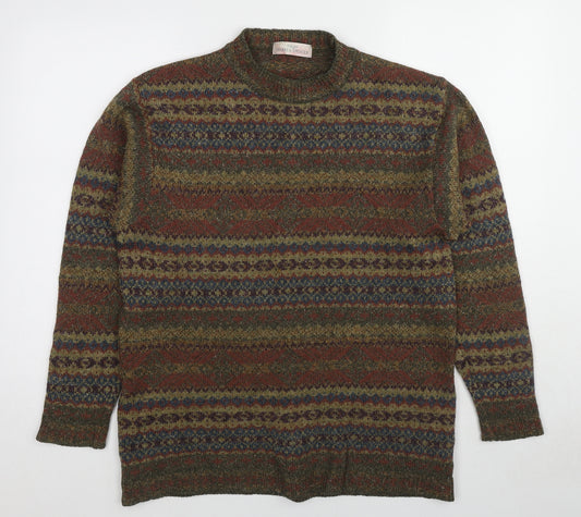 St Michael Mens Brown Round Neck Geometric Wool Pullover Jumper Size M Long Sleeve