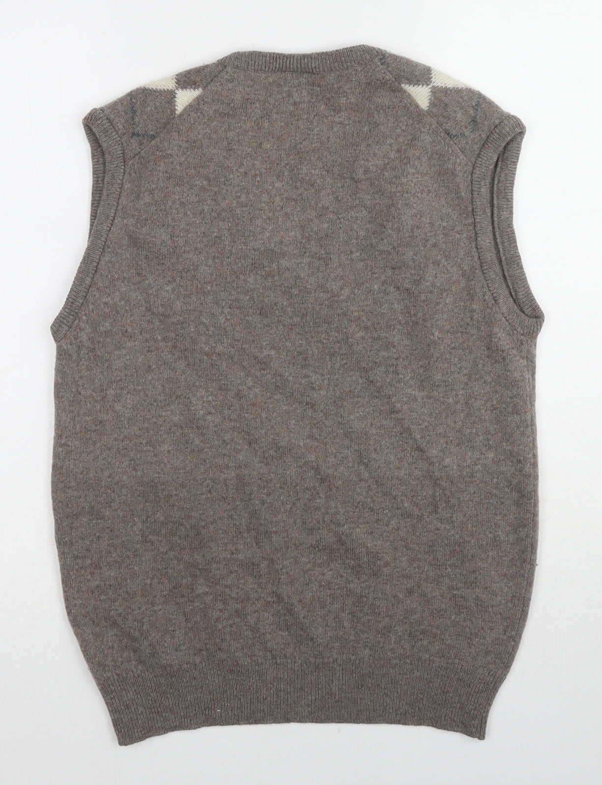 BHS Mens Beige V-Neck Argyle/Diamond Wool Vest Jumper Size L Sleeveless