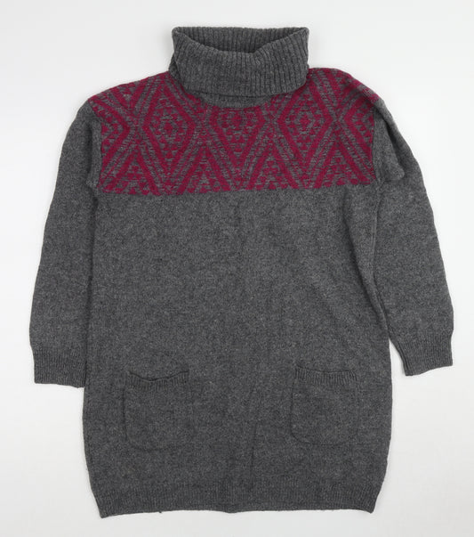 Woolovers Womens Grey Roll Neck Argyle/Diamond Wool Pullover Jumper Size M