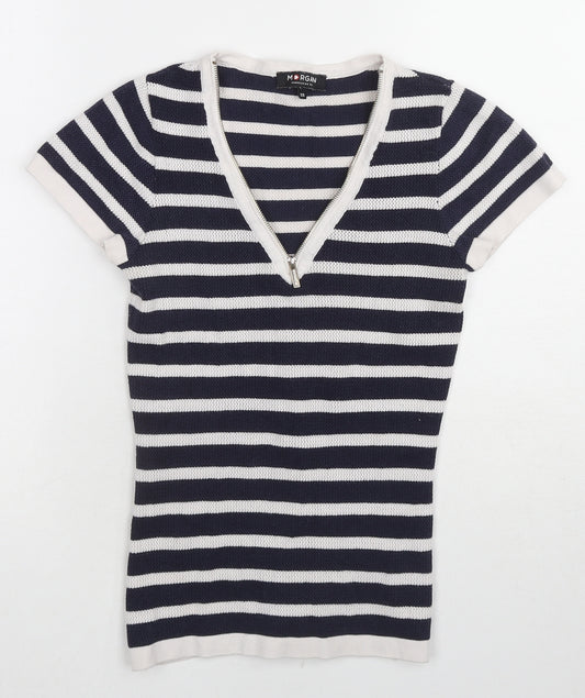 Morgan Womens Blue Striped Polyester Basic T-Shirt Size XS V-Neck