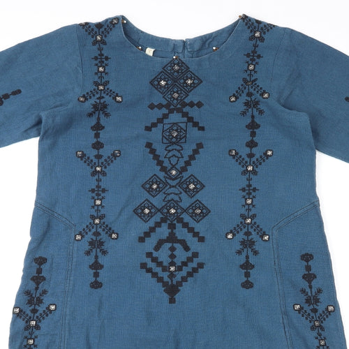 Motif Womens Blue Geometric Polyester Shift Size S Round Neck Button - Embellished