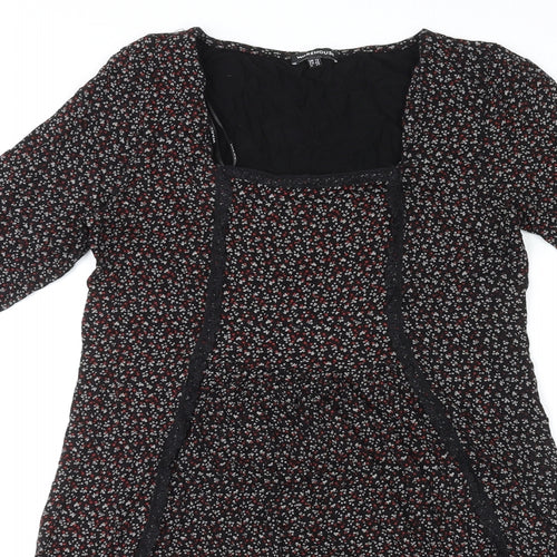 Warehouse Womens Black Floral Viscose Mini Size 12 Square Neck Pullover