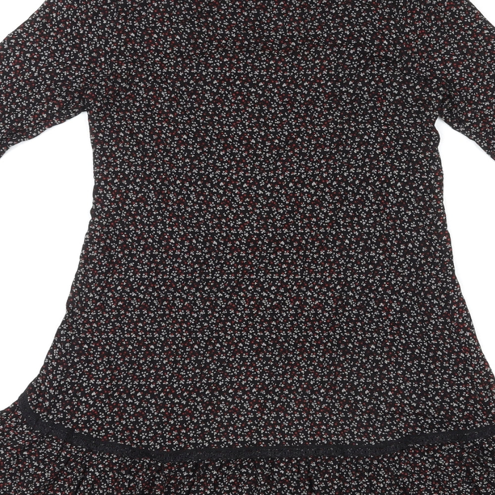 Warehouse Womens Black Floral Viscose Mini Size 12 Square Neck Pullover