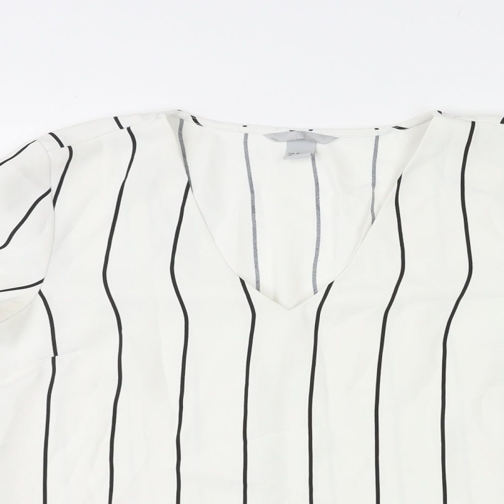 H&M Womens White Striped Polyester Basic Blouse Size 10 V-Neck