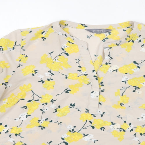 Principles Womens Yellow Floral Polyester Basic Blouse Size 14 Round Neck