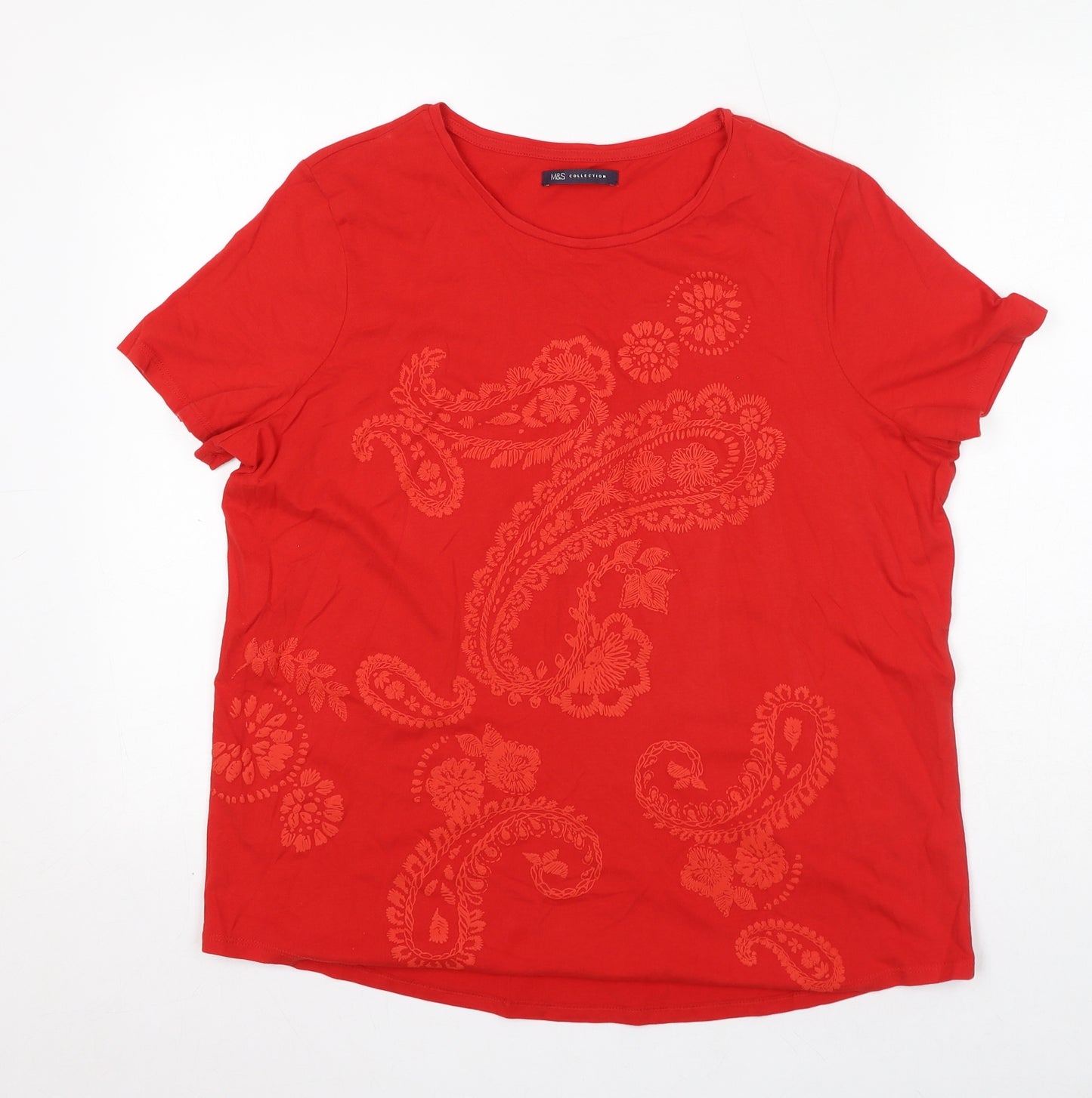 Marks and Spencer Womens Red Paisley 100% Cotton Basic T-Shirt Size 16 Round Neck