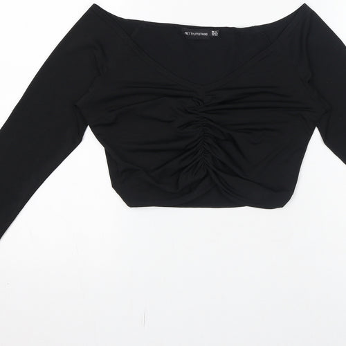 PRETTYLITTLETHING Womens Black Polyester Cropped T-Shirt Size 10 V-Neck - Ruched