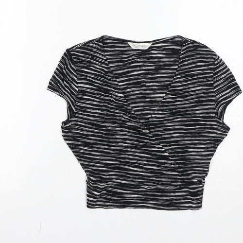 Miss Selfridge Womens Black Striped Viscose Cropped T-Shirt Size 8 V-Neck
