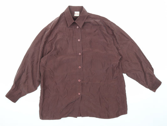 Rhona Roy Womens Brown Silk Basic Button-Up Size 12 Collared