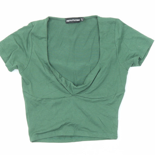 PRETTYLITTLETHING Womens Green Polyester Basic T-Shirt Size 6 Scoop Neck