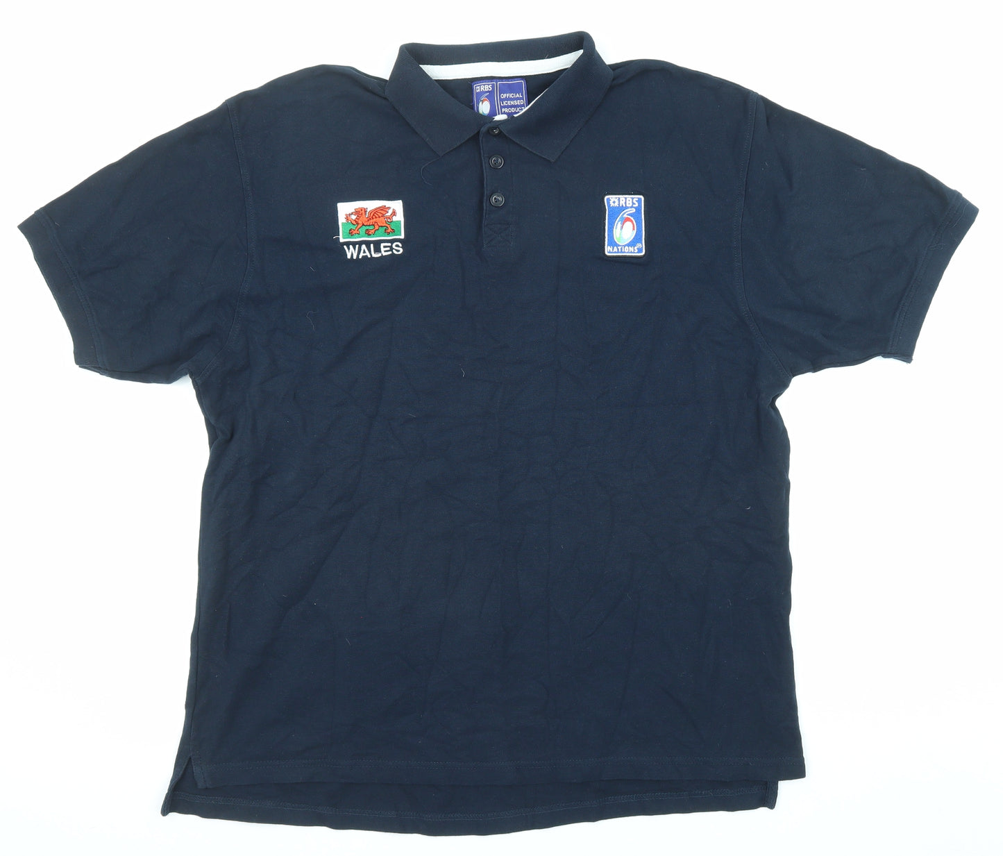 Rugby Mens Blue Cotton Polo Size XL Collared Button - Wales Rugby RBS 6 nations
