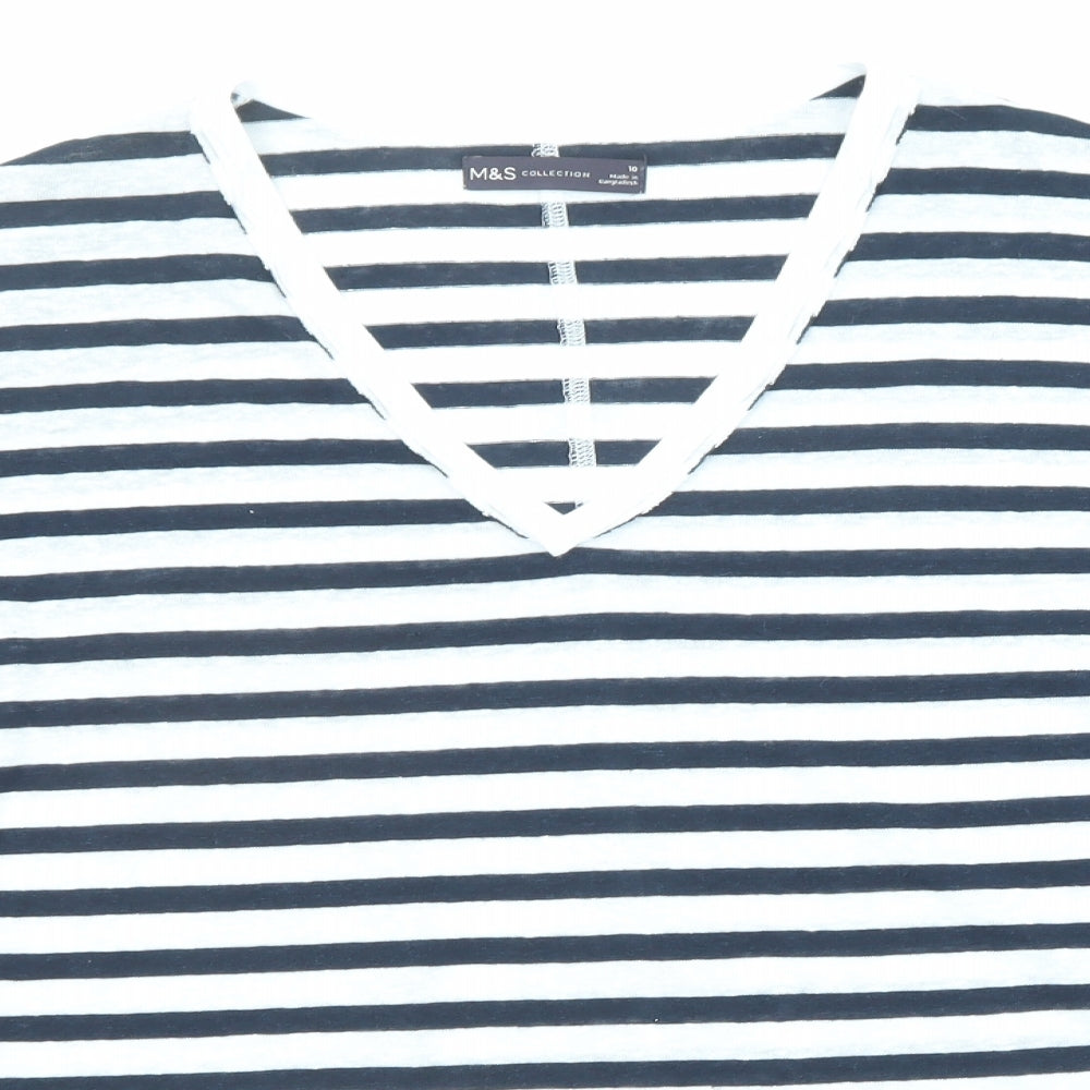 Marks and Spencer Womens Blue Striped Linen Basic T-Shirt Size 10 V-Neck