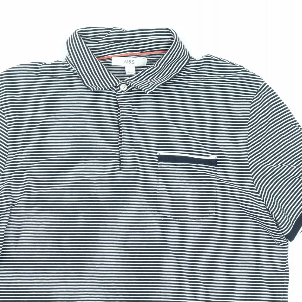 Marks and Spencer Mens Black Striped Cotton Polo Size L Collared Button