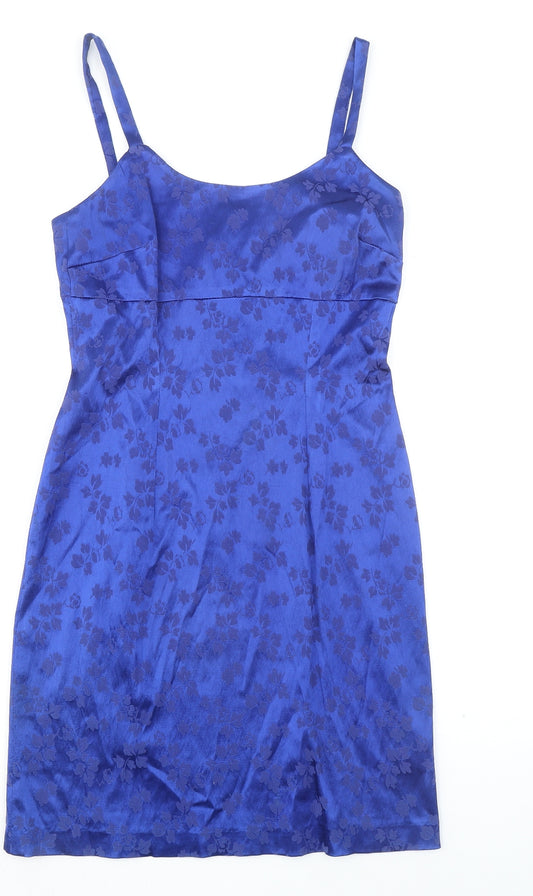 Monsoon Womens Blue Floral Acetate Slip Dress Size 12 Scoop Neck Zip