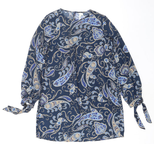 H&M Womens Blue Paisley Polyester Shift Size 12 Round Neck Pullover - Tie Sleeve Detail