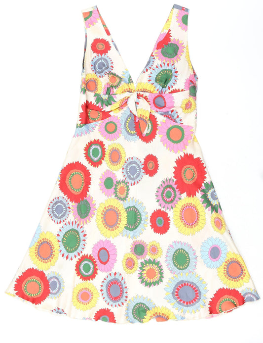Tara Jarmon Womens Multicoloured Geometric Silk A-Line Size 14 V-Neck Zip