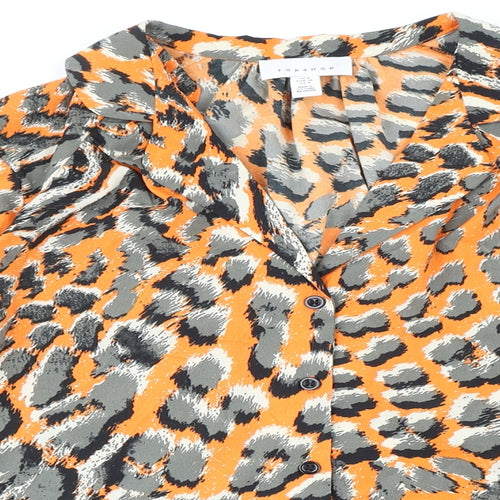 Topshop Womens Orange Animal Print Polyester Basic Button-Up Size 8 V-Neck - Leopard Print