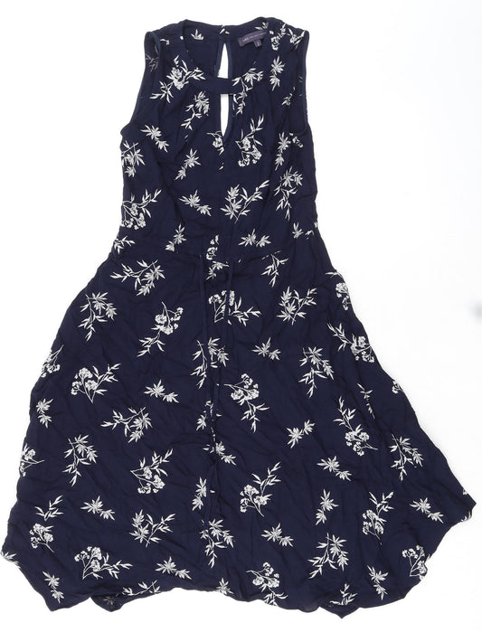 Marks and Spencer Womens Blue Floral Viscose Trapeze & Swing Size 8 Round Neck Button