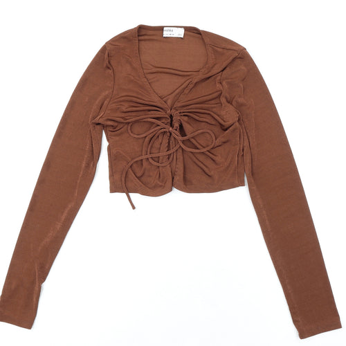 Bershka Womens Brown Polyester Cropped Blouse Size L V-Neck
