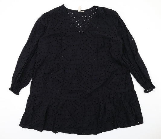 H&M Womens Black Cotton Trapeze & Swing Size XL V-Neck Pullover - Broderie Anglaise