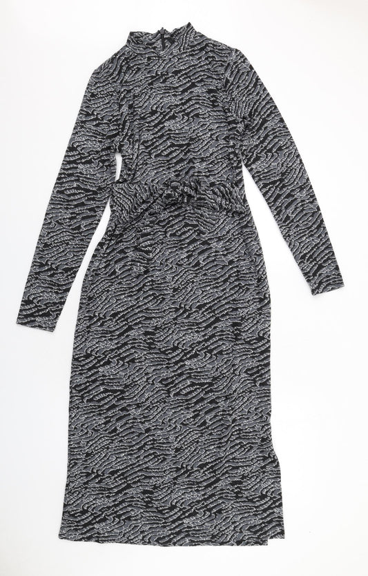 New Look Womens Grey Animal Print Polyester Maxi Size 10 Mock Neck Zip