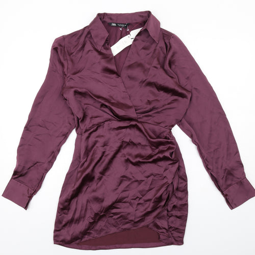 Zara Womens Purple Polyester Shirt Dress Size S Collared Zip