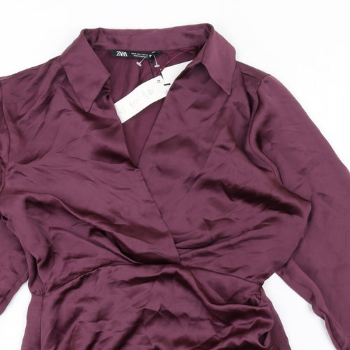 Zara Womens Purple Polyester Shirt Dress Size S Collared Zip