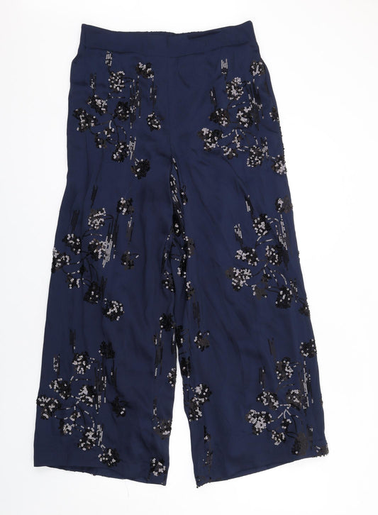 Marks and Spencer Womens Blue Floral Polyester Trousers Size 14 L28 in Regular