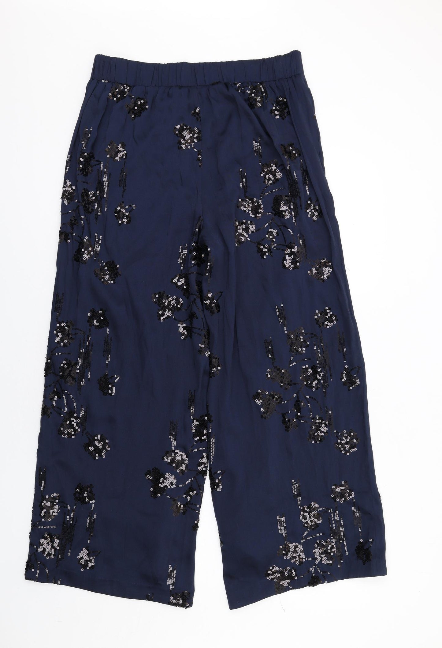 Marks and Spencer Womens Blue Floral Polyester Trousers Size 14 L28 in Regular