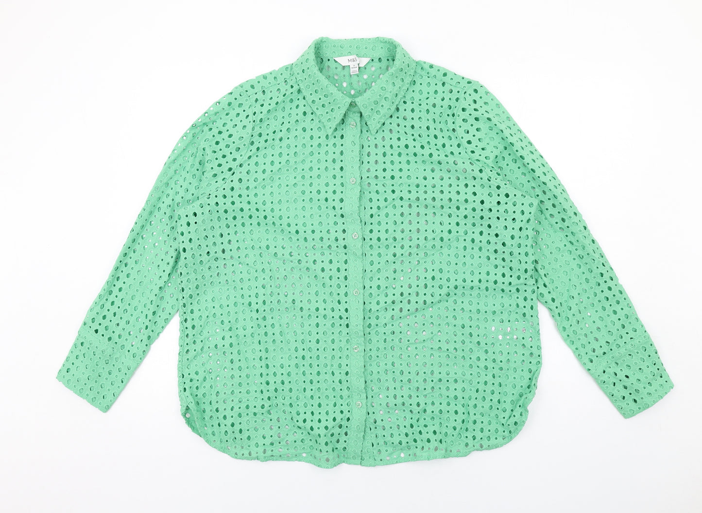 Marks and Spencer Womens Green Cotton Basic Button-Up Size 18 Collared