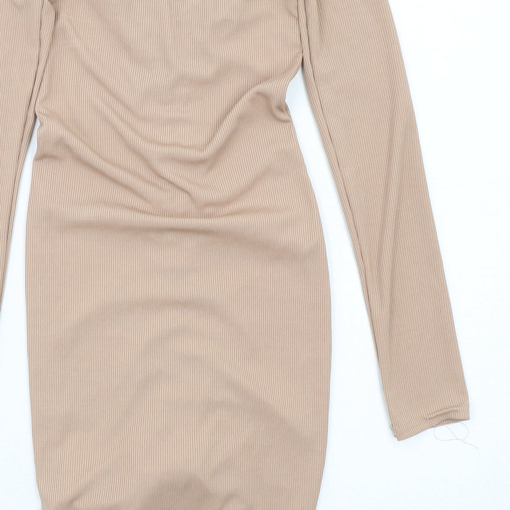 PRETTYLITTLETHING Womens Beige Polyester Bodycon Size 8 V-Neck Pullover