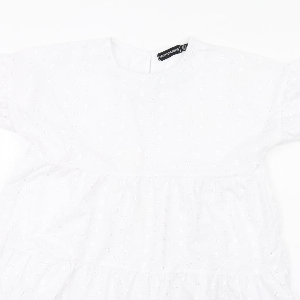 PRETTYLITTLETHING Womens White Polyester Mini Size 8 Crew Neck Button - Broderie Anglaise Details