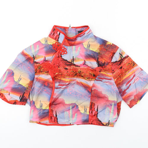 PRETTYLITTLETHING Womens Multicoloured Geometric Polyester Basic Blouse Size 10 Mock Neck