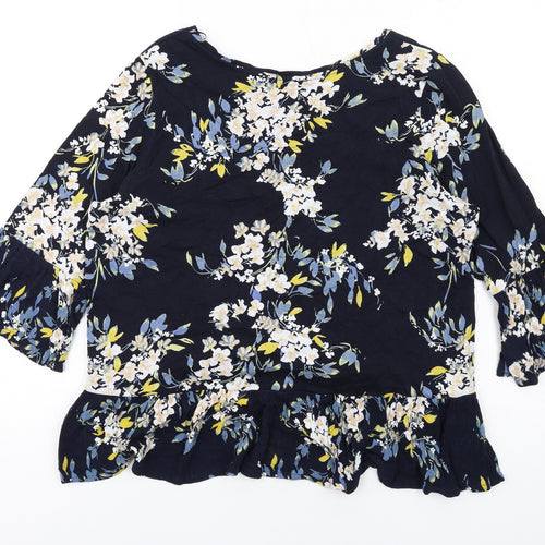 Marks and Spencer Womens Blue Floral Cotton Basic Blouse Size 16 Round Neck