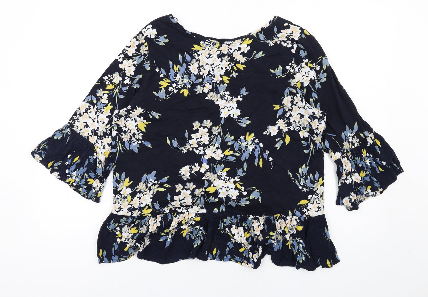 Marks and Spencer Womens Blue Floral Cotton Basic Blouse Size 16 Round Neck