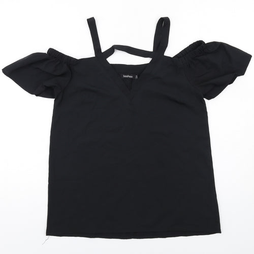 Boohoo Womens Black Polyester Basic Blouse Size 10 V-Neck - Cold Shoulder