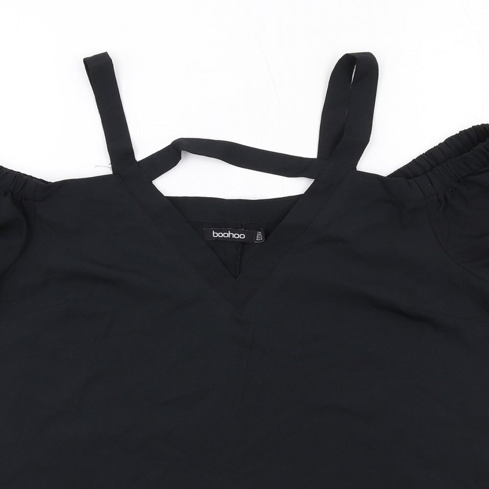 Boohoo Womens Black Polyester Basic Blouse Size 10 V-Neck - Cold Shoulder