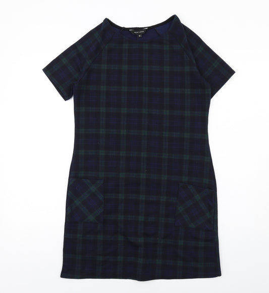 New Look Womens Blue Plaid Polyester T-Shirt Dress Size 12 Round Neck Pullover