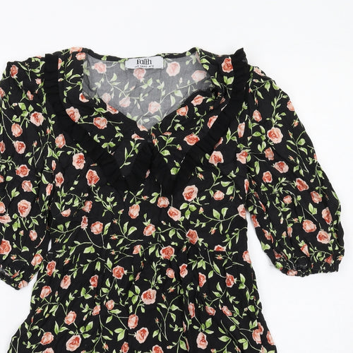 Faith Womens Black Floral Viscose A-Line Size 12 Collared Pullover