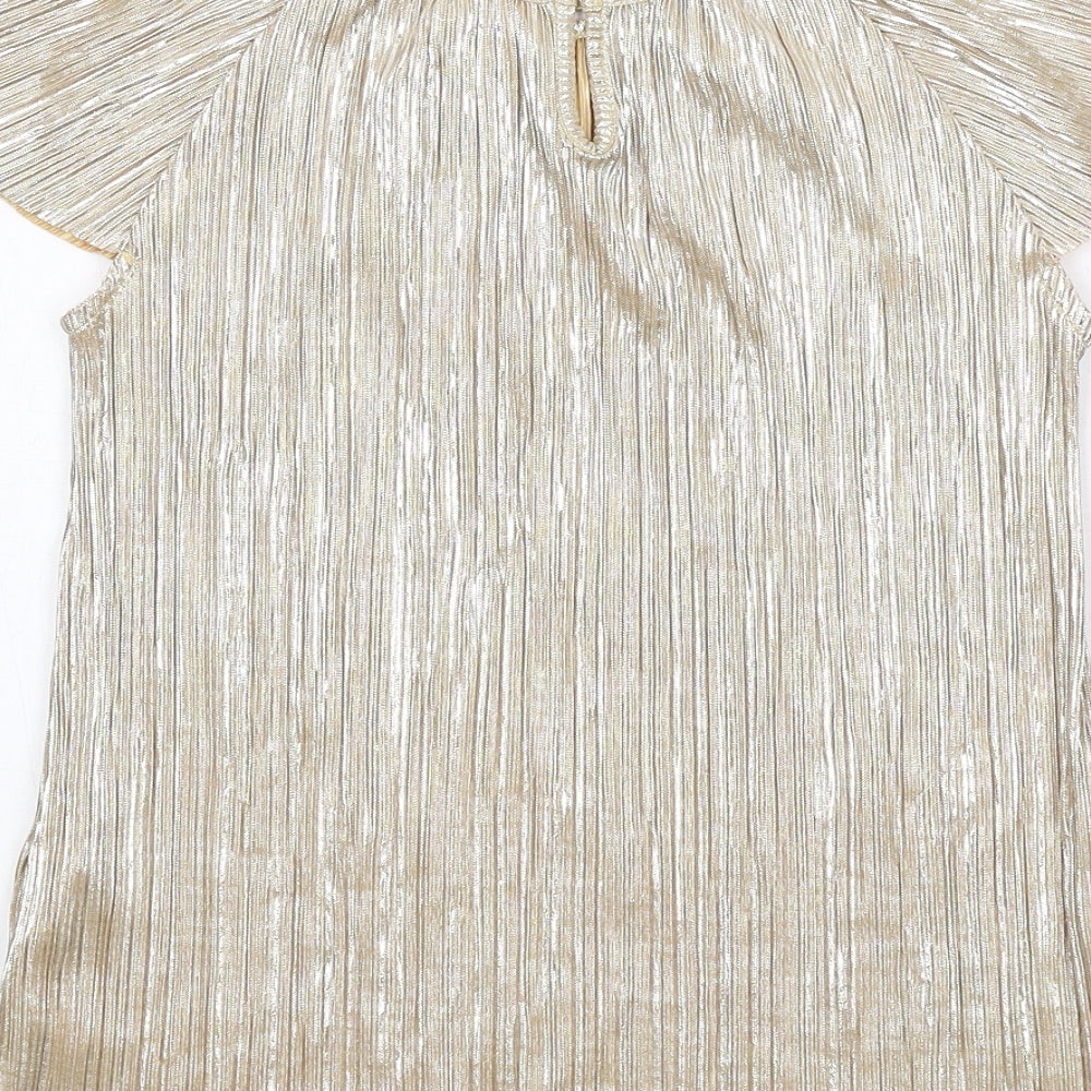 Zara Girls Gold Polyester Basic Blouse Size 9-10 Years Round Neck Pullover - Plisse Metallic