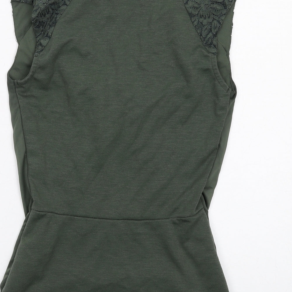 Jane Norman Womens Green Polyester Basic T-Shirt Size 8 Cowl Neck - Lace Details
