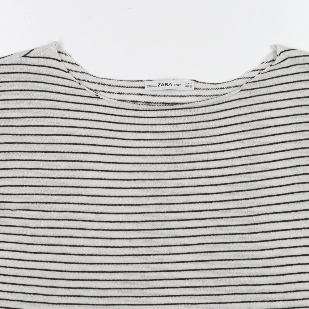 Zara Womens White Round Neck Striped Polyester Pullover Jumper Size S