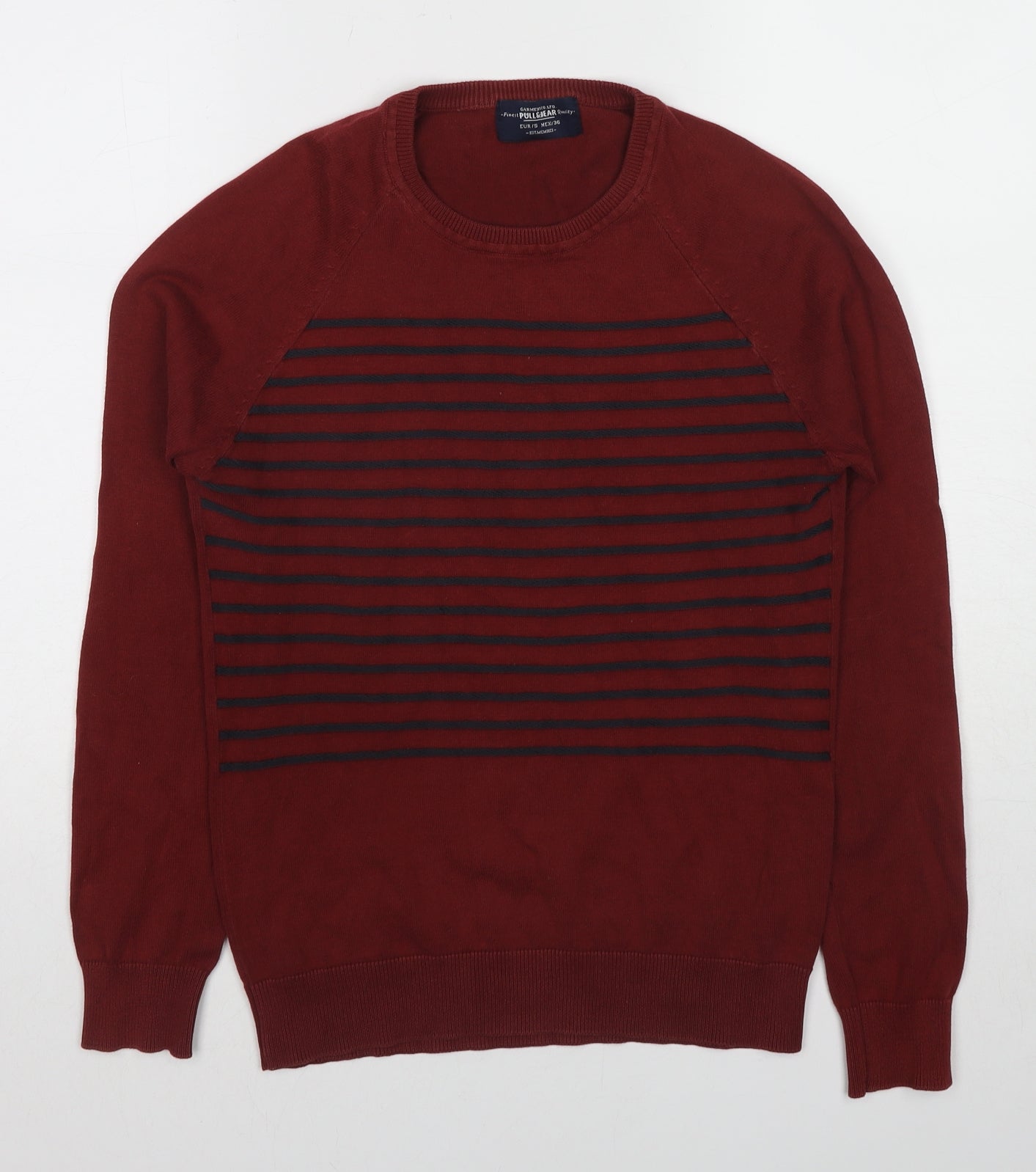 Pull&Bear Mens Red Round Neck Striped Polyester Pullover Jumper Size S Long Sleeve