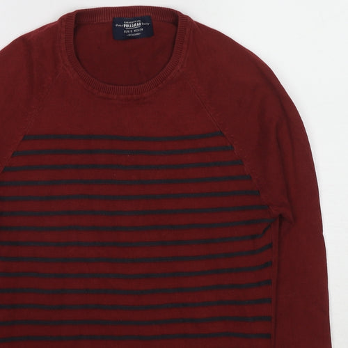 Pull&Bear Mens Red Round Neck Striped Polyester Pullover Jumper Size S Long Sleeve