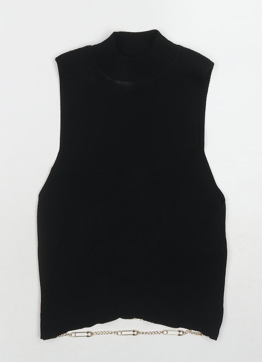 Bershka Womens Black Polyamide Basic Blouse Size L High Neck - Ribbed Chain Detail