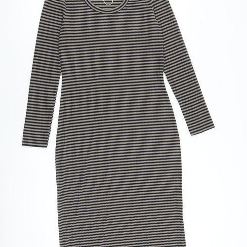 Marks and Spencer Womens Brown Striped Polyester Bodycon Size 8 Scoop Neck Pullover