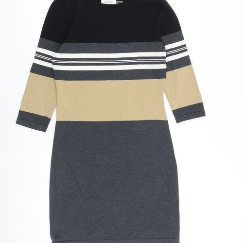 Calvin Klein Womens Grey Striped 100% Cotton Jumper Dress Size S Round Neck Pullover