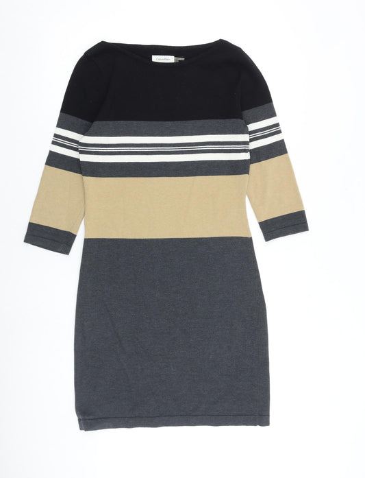 Calvin Klein Womens Grey Striped 100% Cotton Jumper Dress Size S Round Neck Pullover