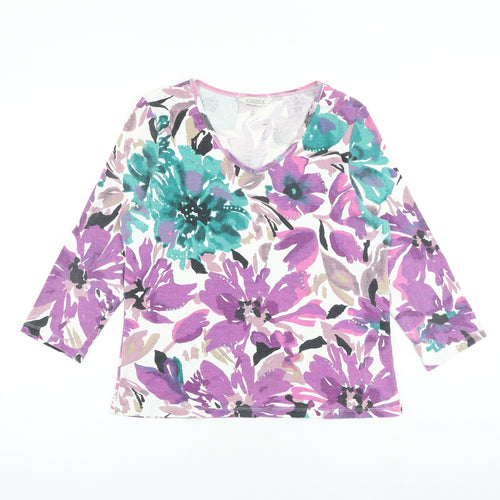 BHS Womens Multicoloured Floral 100% Cotton Basic T-Shirt Size 12 V-Neck