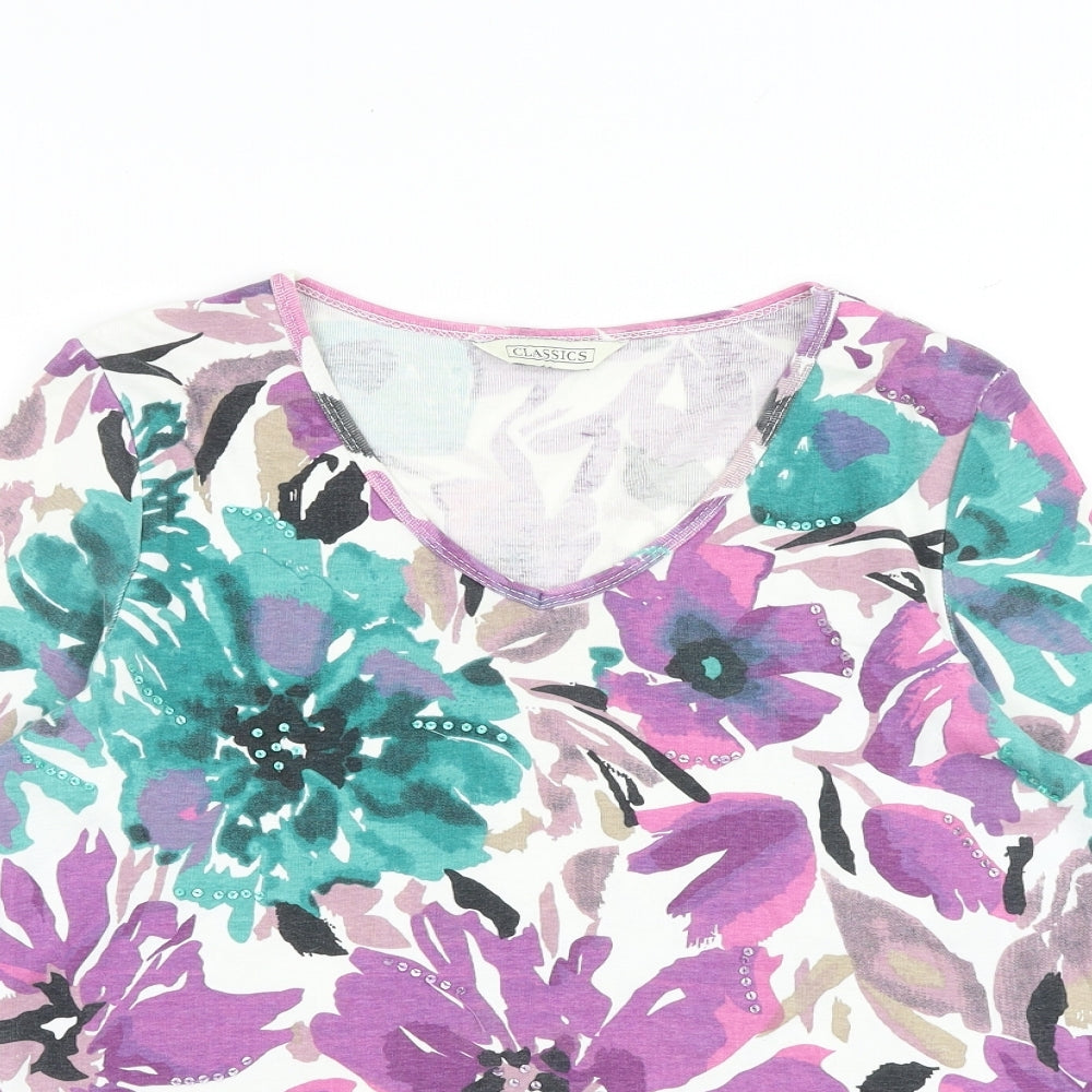 BHS Womens Multicoloured Floral 100% Cotton Basic T-Shirt Size 12 V-Neck